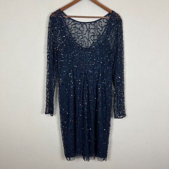 Papell Boutique Dress 16 Navy Blue Sequin Sheath Sheer Long Sleeve‎ Cocktail Zip - Picture 6 of 10